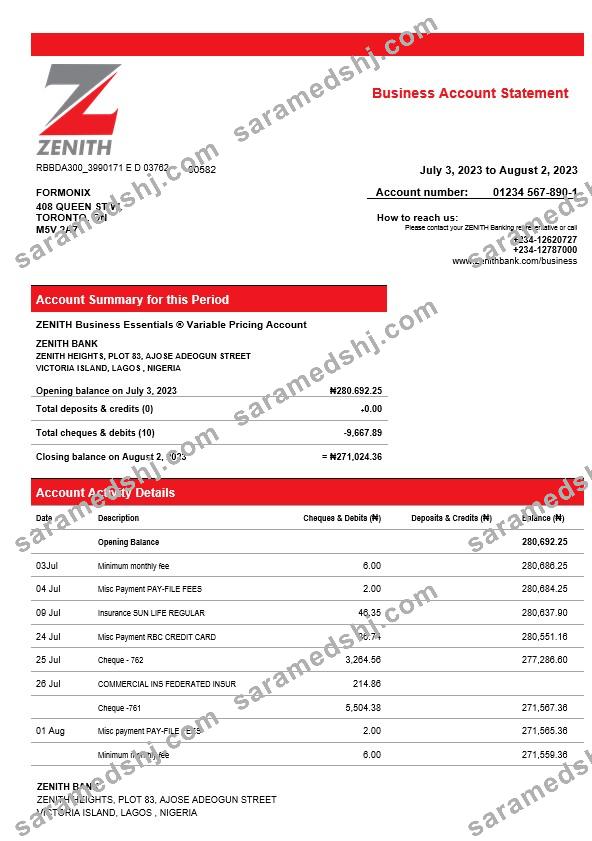 Zenith Bank business checking account statement Word and PDF template